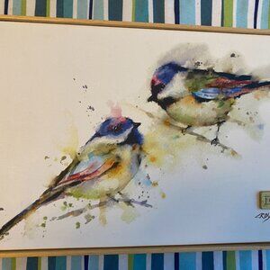 Dean Crouser Chickadee Pair WaterColor like Art Print on Canvas w/Wood frameEUC